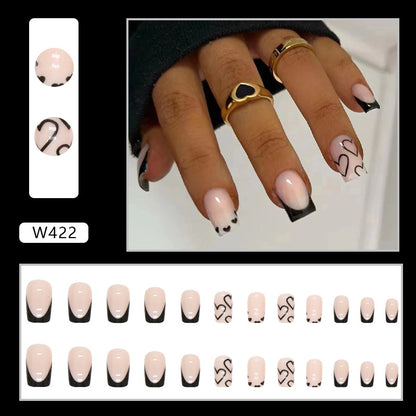 Black French Tip Heart Press-On Nails – 24 Piece Glossy Square Nail Set