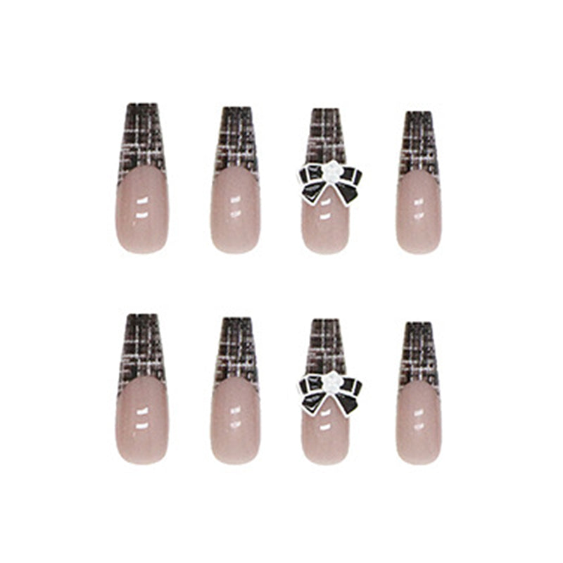 Silver Glitter French Tips with Black Bow Design, Square Shape, Press on Nails