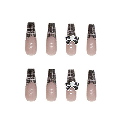 Nude Glitter French Tip Press-On Nails – Black Bow Coffin Nail Set (Set of 12)