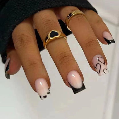 Black French Tip Heart Press-On Nails – 24 Piece Glossy Square Nail Set