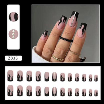 Black Flame Coffin Press-On Nails – Nude Matte Gothic Rhinestone Nail Set (Set of 12)