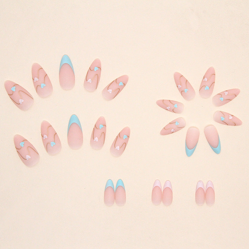 Matte French Tips with Heart Design, Pink and Blue Hearts, Gold Accents, Almond Shape, Stiletto Press-On Nails