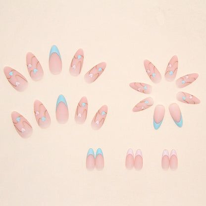 Pastel Heart French Tip Stiletto Press-On Nails – 24 Piece Blue & Pink Romantic Nail Set