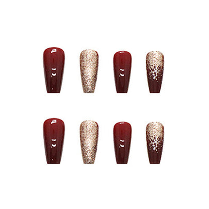 Burgundy Wine & Champagne Gold Square shape Glitter Press-On Nail Set | Glossy Reusable False Nails (Set of 24 Pieces)