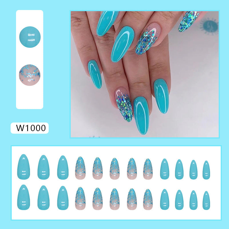 Turquoise Blue Almond Shaped with Glitter Accent, Long Length, Press-On Nails