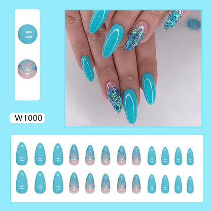 Teal Glitter Almond Press-On Nails – Glossy Turquoise with Iridescent Foil Accent Design (Set of 24)