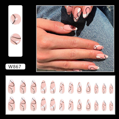 Almond Press-On Nail Set – White French Tips with Black Abstract Swirl Design | Glossy Nude False  (Nails Set of 24-Piece )