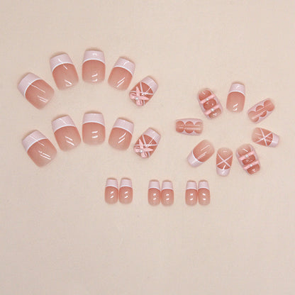 Short Square Press-On Nail Set – Pink French Tip with 3D Bow & Pearl Accents | Glossy Reusable False Nails (Set of 12)