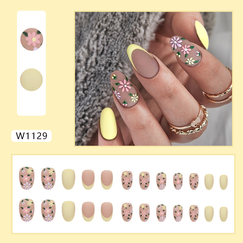 Spring Floral Nail Art Set, Almond Shape, Matte Finish, Yellow and Pink Design, Press on Nails