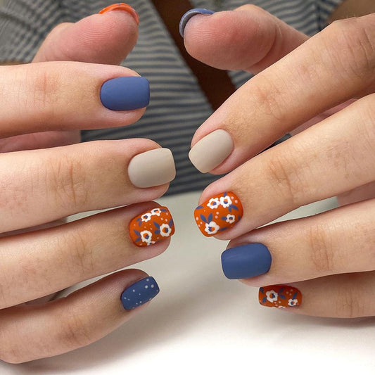 Matte Nail Art Set, Orange Floral and Navy Blue Design, Mixed Pattern Manicure, Press on Nails