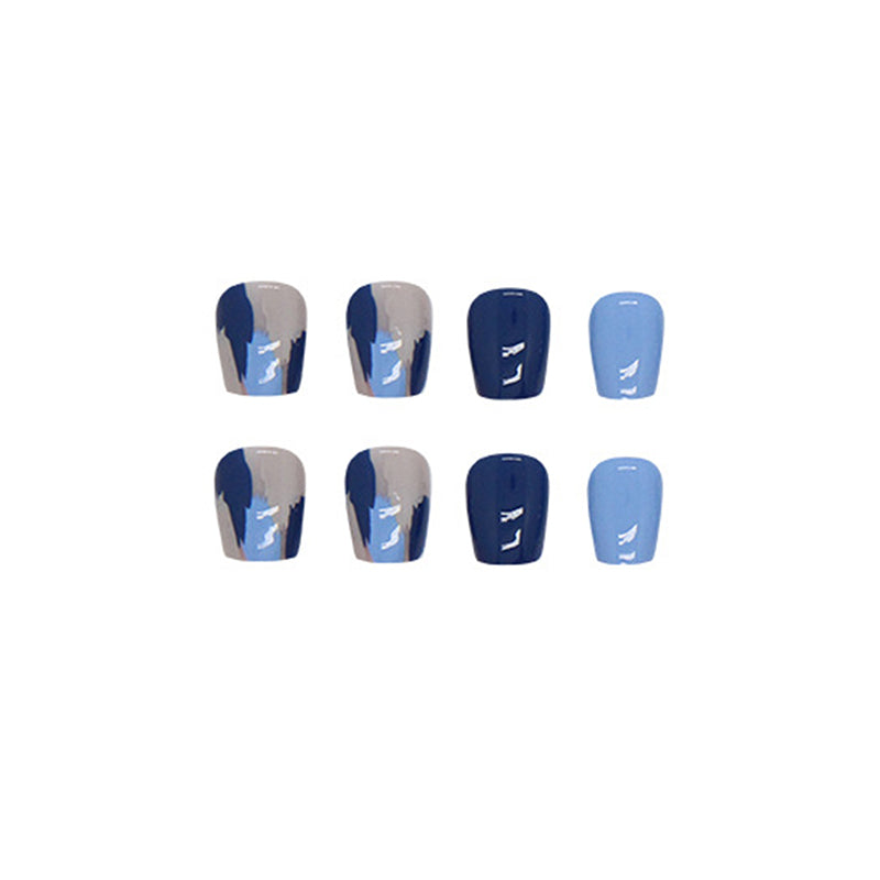 Gradient Blue and White Nail Art, Mixed Design Manicure Set, Square Tips, Press-on Nails
