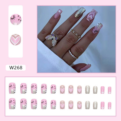 Long Square Press-On Nail Set – Pink Hearts with Gold Glitter Accent | Glossy Reusable False Nails (Set of 24 Pieces)