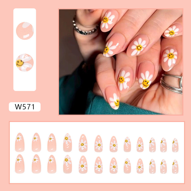 Happy Daisy Floral, Almond Shape, Pink Base with White Flowers, 24 Pieces, Press-On Nails