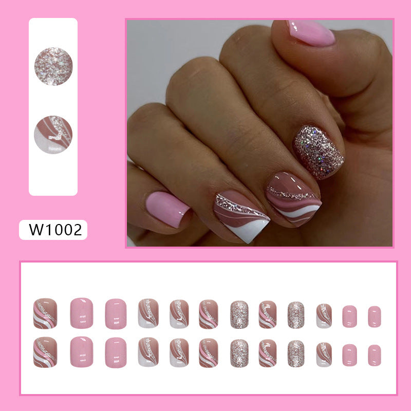 Pink and White Glitter Nail Art Design Set, Geometric Wave Pattern, Sparkle Accent Manicure Press on Nails