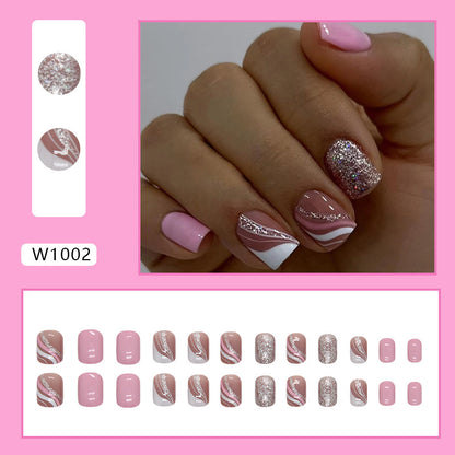 Short Square Press-On Nail Set – Pink Marble Swirl with Rose Gold Glitter Accent | Glossy Reusable False Nails (Set of 24-Piece)