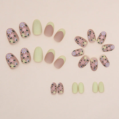 Matte Yellow Floral Almond Press-On Nails – Daisy French Tip Spring Nail Set(Set of 24)