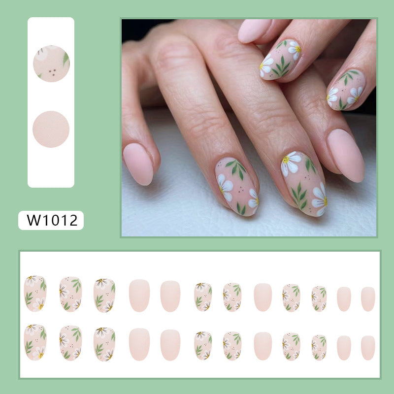Spring Floral, Matte Pink with White Daisy Design, Almond Shape, Press-On Nails