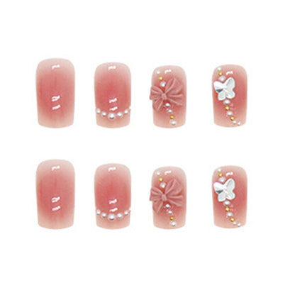 Blush Bloom Bow Square Press-On Nails – Pink Jelly Floral Rhinestone Nail Set (Set of 12)