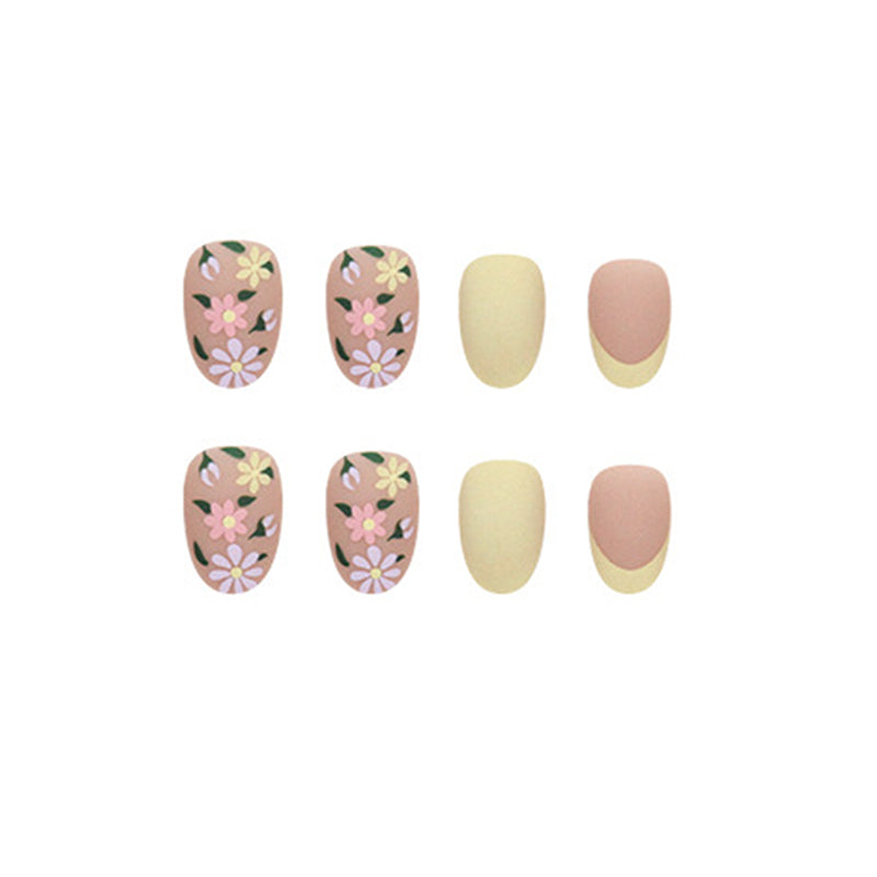 Spring Floral Nail Art Set, Almond Shape, Matte Finish, Yellow and Pink Design, Press on Nails