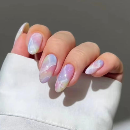Aurora Pastel Almond Press On Nails – 24 Piece Iridescent Rainbow Marble Set