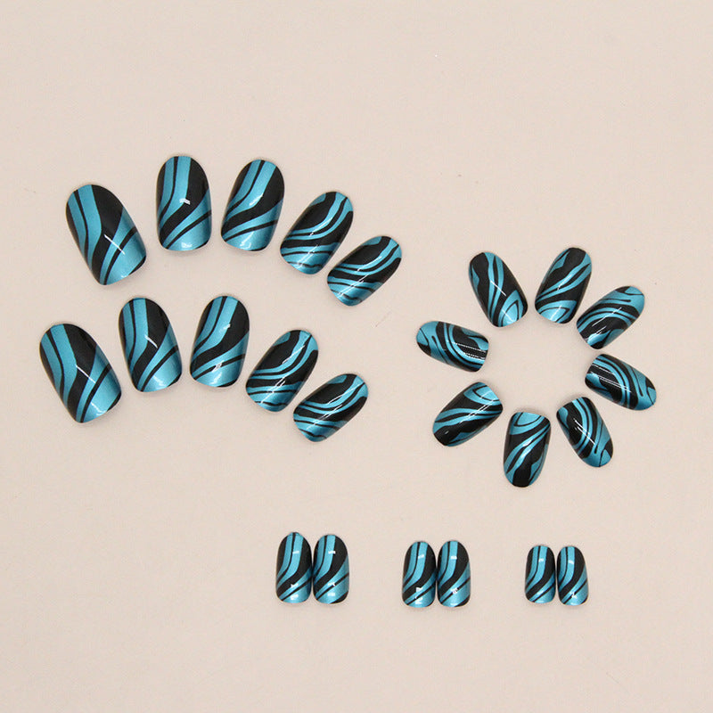 Metallic Wave Design, Black and Turquoise, Almond Shape, Press-On Nails