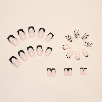 Black French Tip Heart Press-On Nails – 24 Piece Glossy Square Nail Set