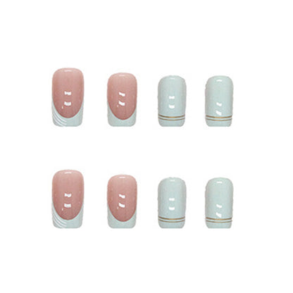 Square Press-On Nail Set – Pastel Blue French Tips with Butterfly Nail Art | Glossy Reusable False Nails(Set of 24)