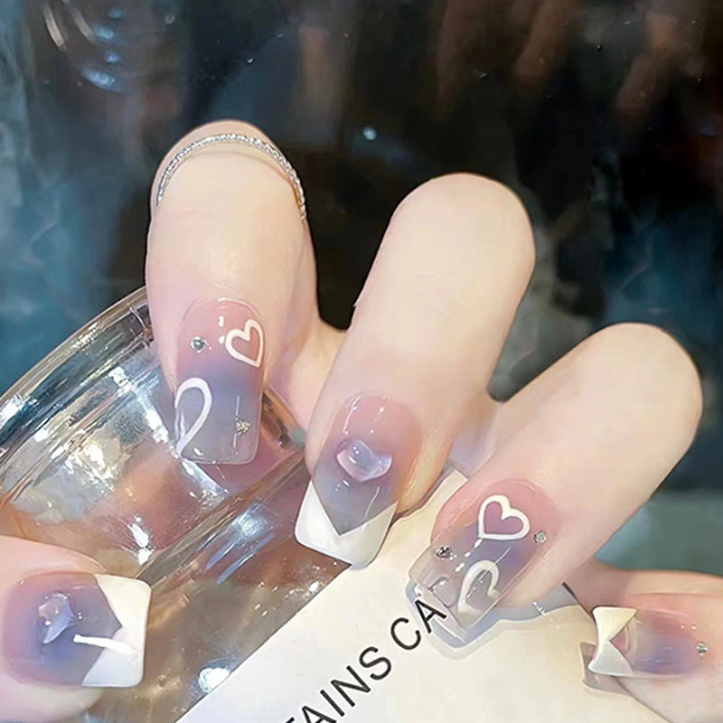 White Gradient Heart Design, Purple Ombre with Rhinestones, French Press-on Nails