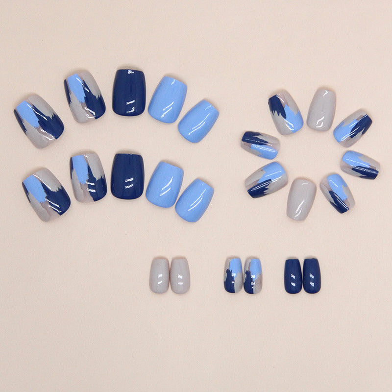 Gradient Blue and White Nail Art, Mixed Design Manicure Set, Square Tips, Press-on Nails