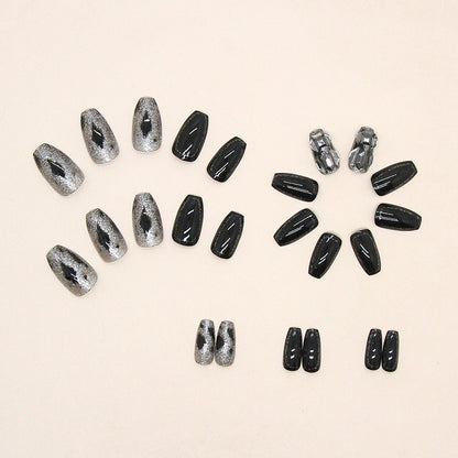 Black & Silver Chrome Marble Press-On Nails – 12 Piece Glossy Square Nail Set