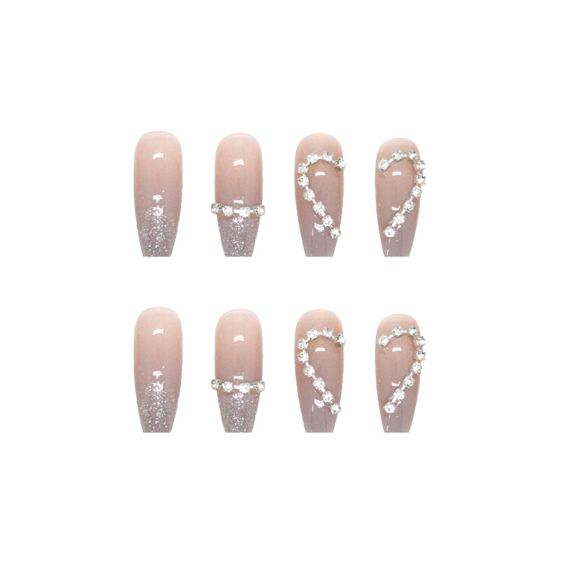 Glitter Heart Design, Crystal Clear French Tips, Long Length, Press-On Nails