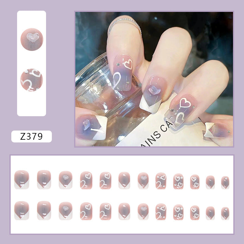 White Gradient Heart Design, Purple Ombre with Rhinestones, French Press-on Nails