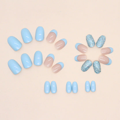 French Manicure Style Nails with Blue Tips and Glitter Accent, Press-On Nails (Set of 24)