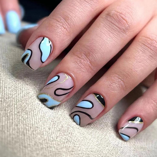 Abstract Nail Art Design, Matte Blue and Nude with Gold Accents, Modern Wave Pattern, Press on Nails