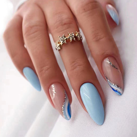 Light Blue and Beige French Tips, Stiletto Shape, 24 Pieces, Artificial Press-On Nails