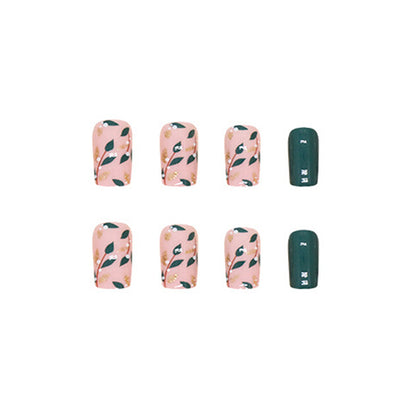 Emerald Green Botanical Press-On Nails – Glitter French Tip Square Nail Set (Set of 24)