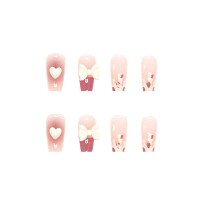 Pink Base with White Heart and Bow Design Nails, 3 D Pearl Embellishments Soft Pink (Nail Set of 12)