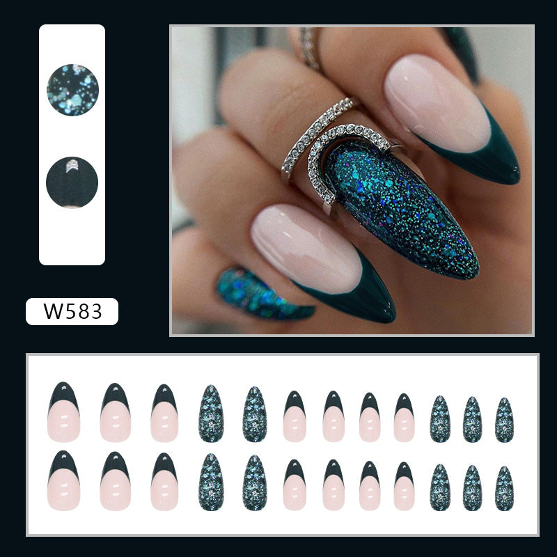 French Tips with Black Tips and Blue Glitter Accent, 24 Pieces, Stiletto Shape, Press on Nails