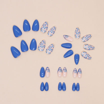 24-Piece Blue Floral Almond Press-On Nails – Glossy French Tip False Nails with Daisy Design | Reusable Stick-On Nail Set
