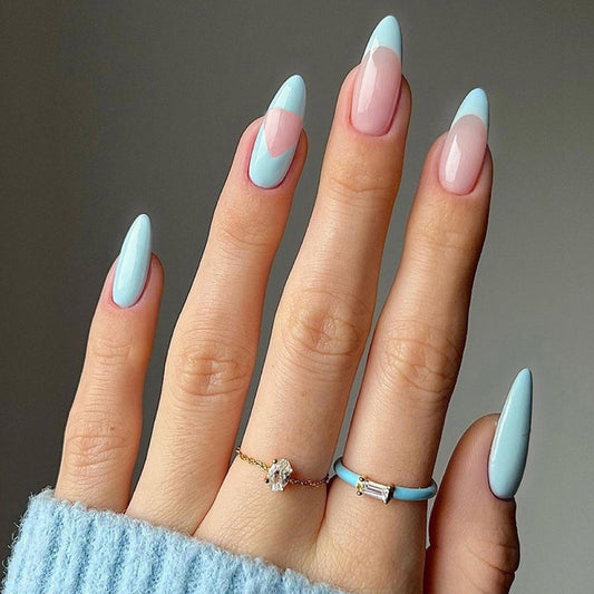 Stiletto Shape, Baby Blue and Pink French Tips, 24 Pieces, Artificial Press-On Nails
