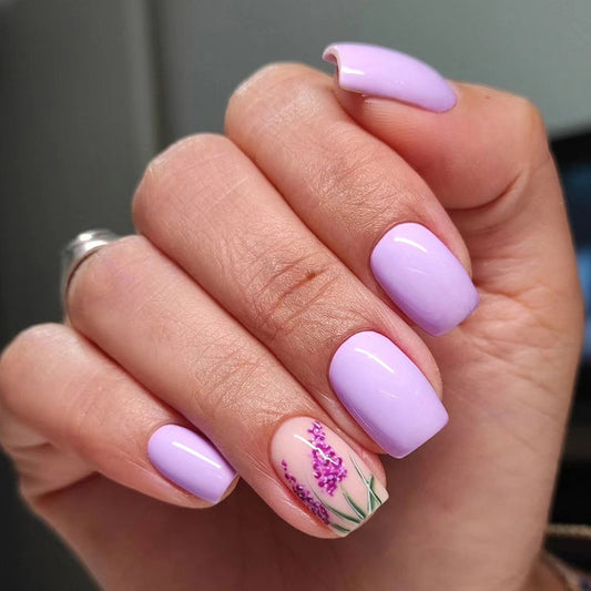 Lavender Floral Nail Art Design, Square Shape, Light Purple Manicure Set, Press-on Nails