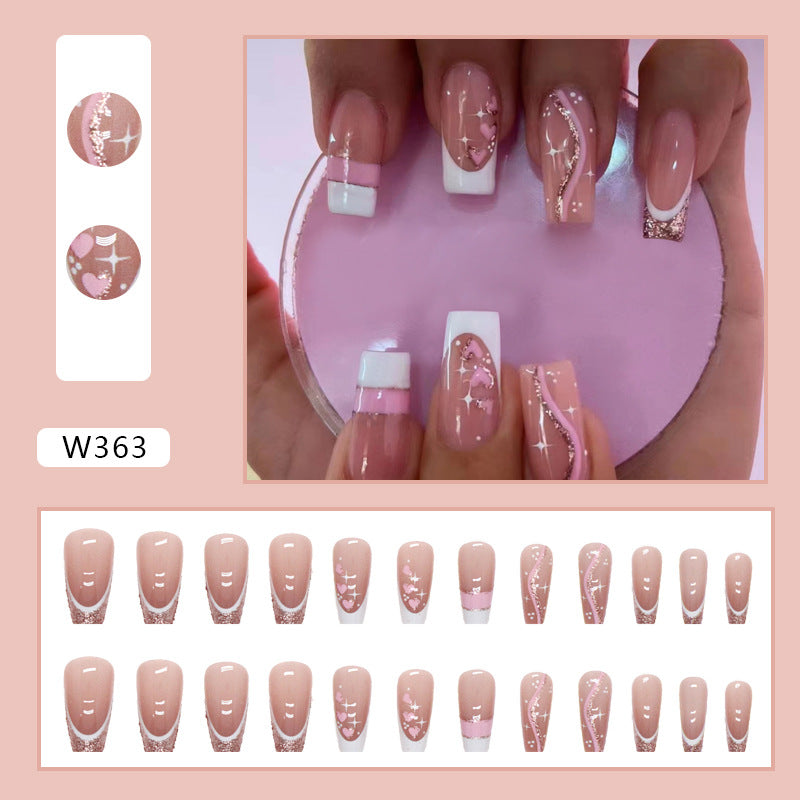 Glitter Stars Design, Pink and White, Square Shape, French Tip Press-On Nails