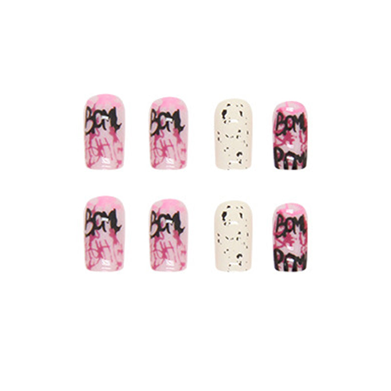 Trendy Nail Art Design Set, Pink and White Gradient with Black Letters, Speckled Pattern, Square Tips, Press on Nails
