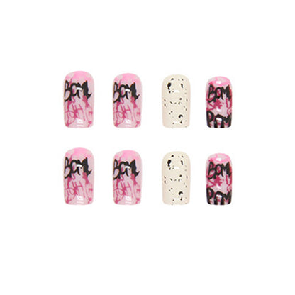 Square Press-On Nail Set – Graffiti Art & White Speckled Nails | Glossy Reusable False Nails(Set of 24 Pieces)