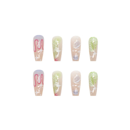Long Square Press-On Nail Set – Jelly Fruit Nail Art with Glitter & Abstract Swirl Design | Glossy Reusable False Nails (Set of 24 Pieces)