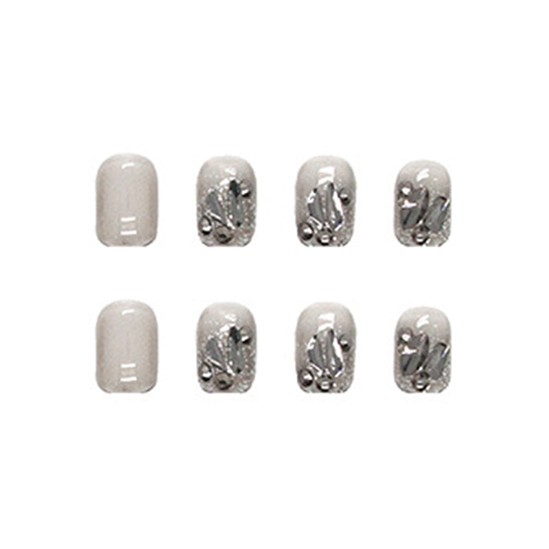 Grey Marble Effect, Glitter Accent False Nails, Square Short Length, Press-On Nails