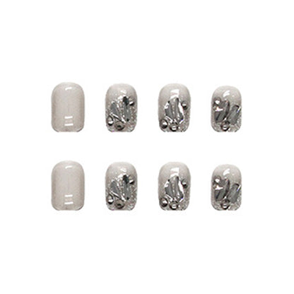 Short Oval Press-On Nail Set – Smoky Gray Cat Eye with 3D Black Gem Design | Glossy Reusable False Nails (Set of 12-Piece )