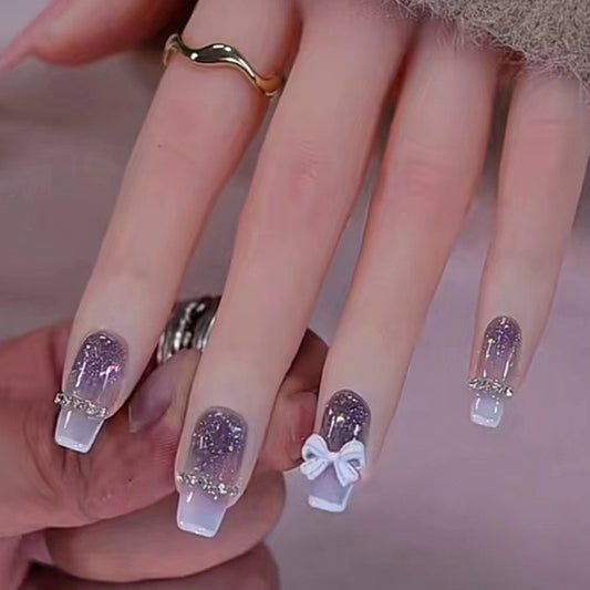 Glitter Gradient with 3D Bow Design, Purple to White Ombre, Square Tips, Press-On Nails