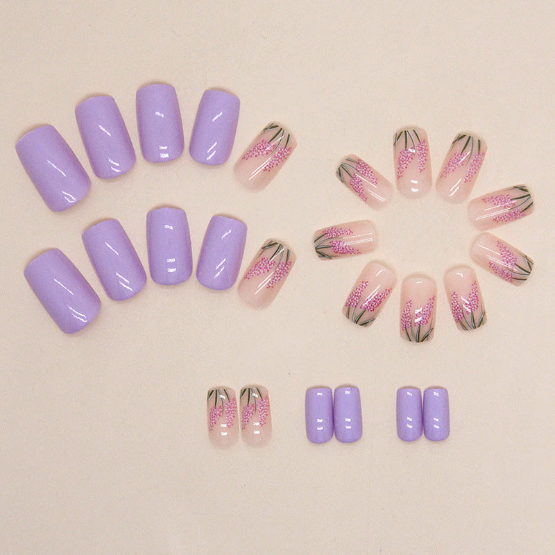 Lavender Floral Nail Art Design, Square Shape, Light Purple Manicure Set, Press-on Nails