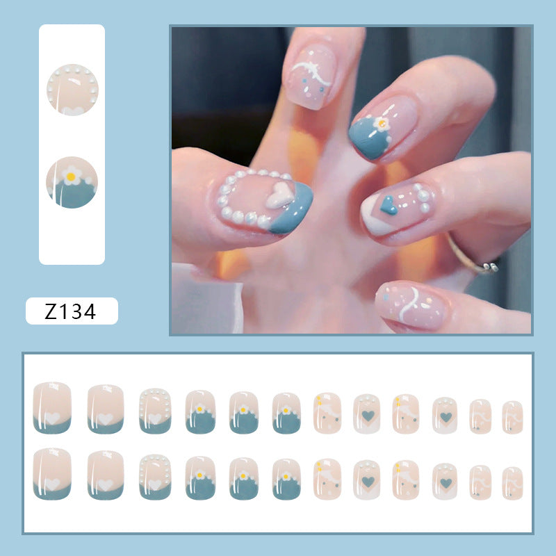 Pearl Design with Blue French Tips, Elegant Floral Pattern, Artificial Press-On Nails